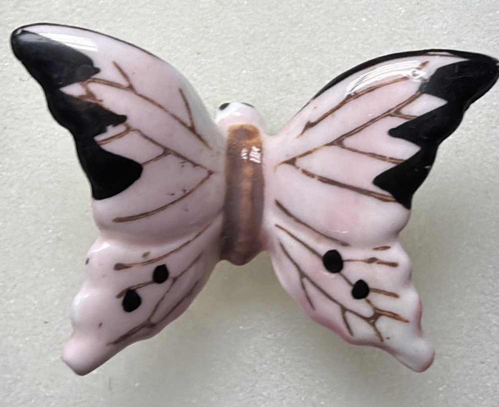 Vintage Hand Painted Porcelain Butterfly Pin Pink Black Monarch Japan